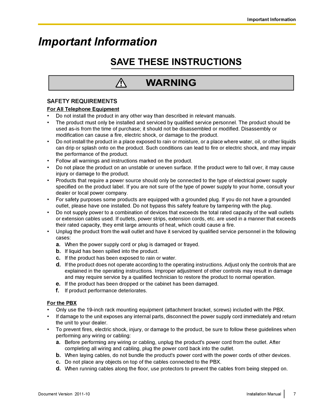 Panasonic KX-NCP1000, KX-NCP500 installation manual Important Information, For All Telephone Equipment, For the PBX 