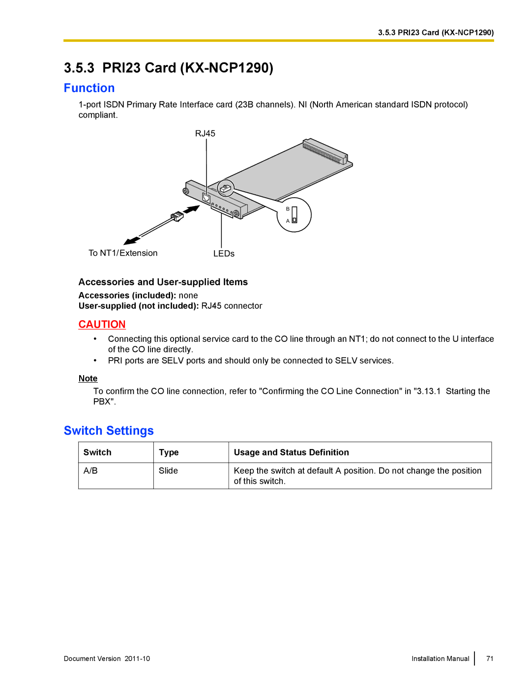 Panasonic KX-NCP1000, KX-NCP500 installation manual 3 PRI23 Card KX-NCP1290 