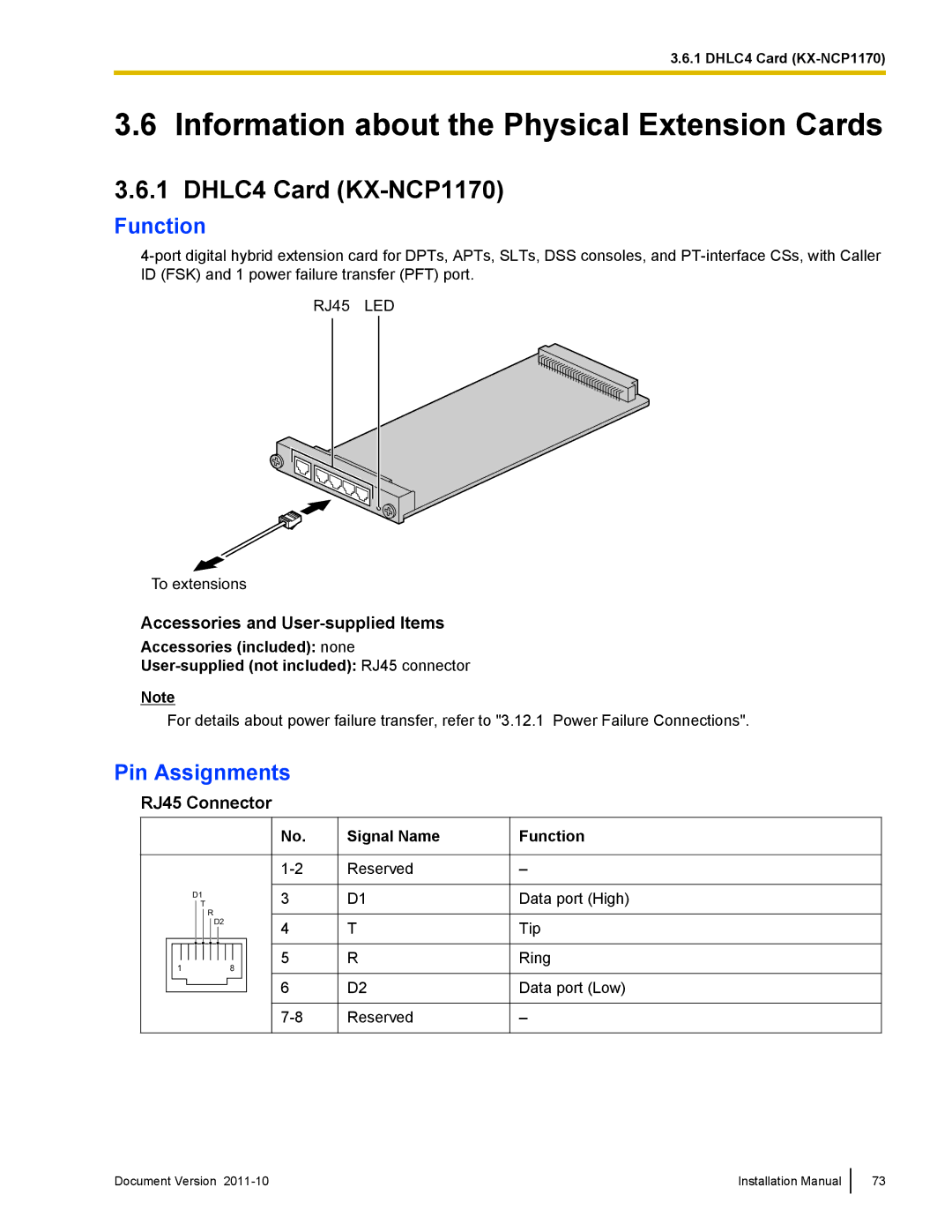 Panasonic KX-NCP1000, KX-NCP500 installation manual Information about the Physical Extension Cards, DHLC4 Card KX-NCP1170 