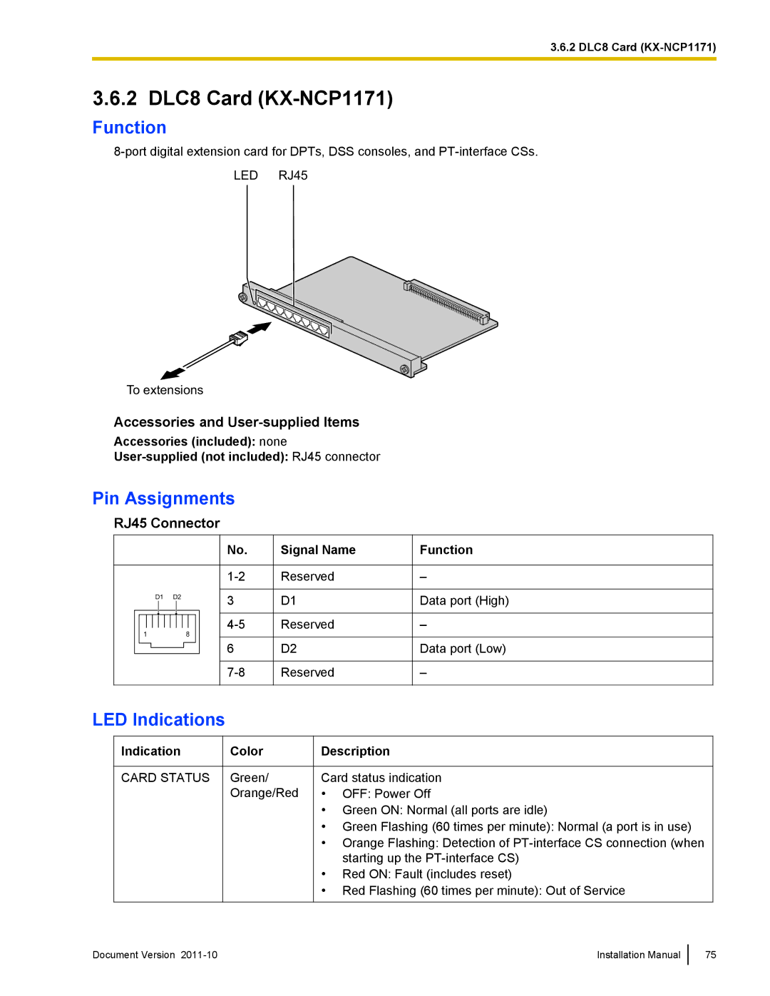 Panasonic KX-NCP1000, KX-NCP500 installation manual 2 DLC8 Card KX-NCP1171 