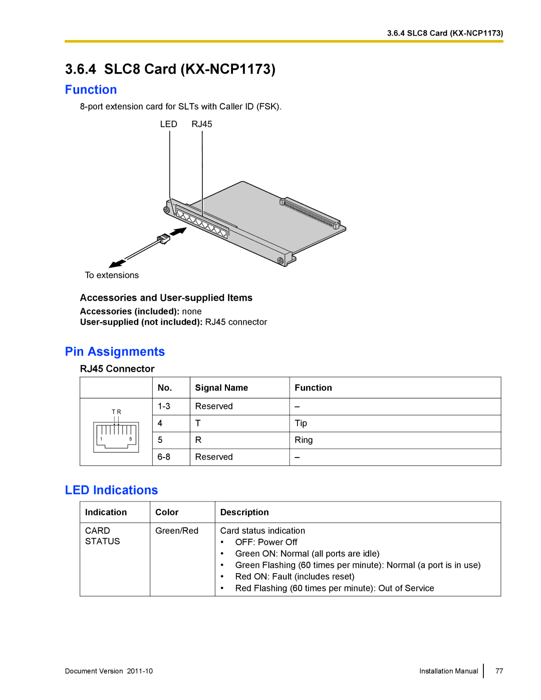 Panasonic KX-NCP1000, KX-NCP500 installation manual 4 SLC8 Card KX-NCP1173 