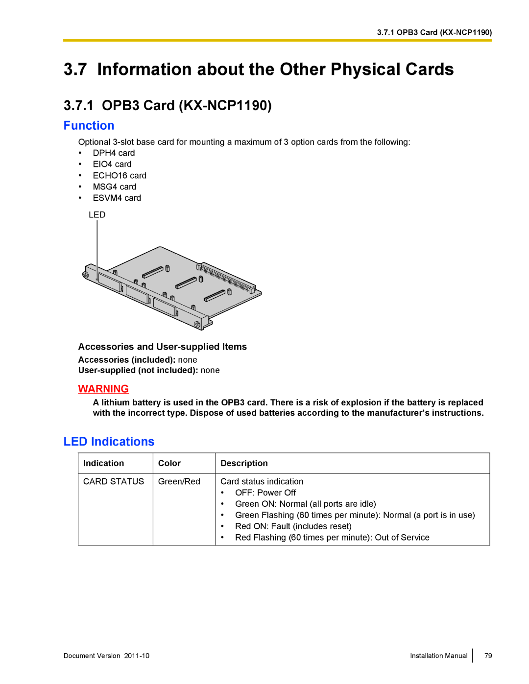 Panasonic KX-NCP1000, KX-NCP500 installation manual Information about the Other Physical Cards, 1 OPB3 Card KX-NCP1190 