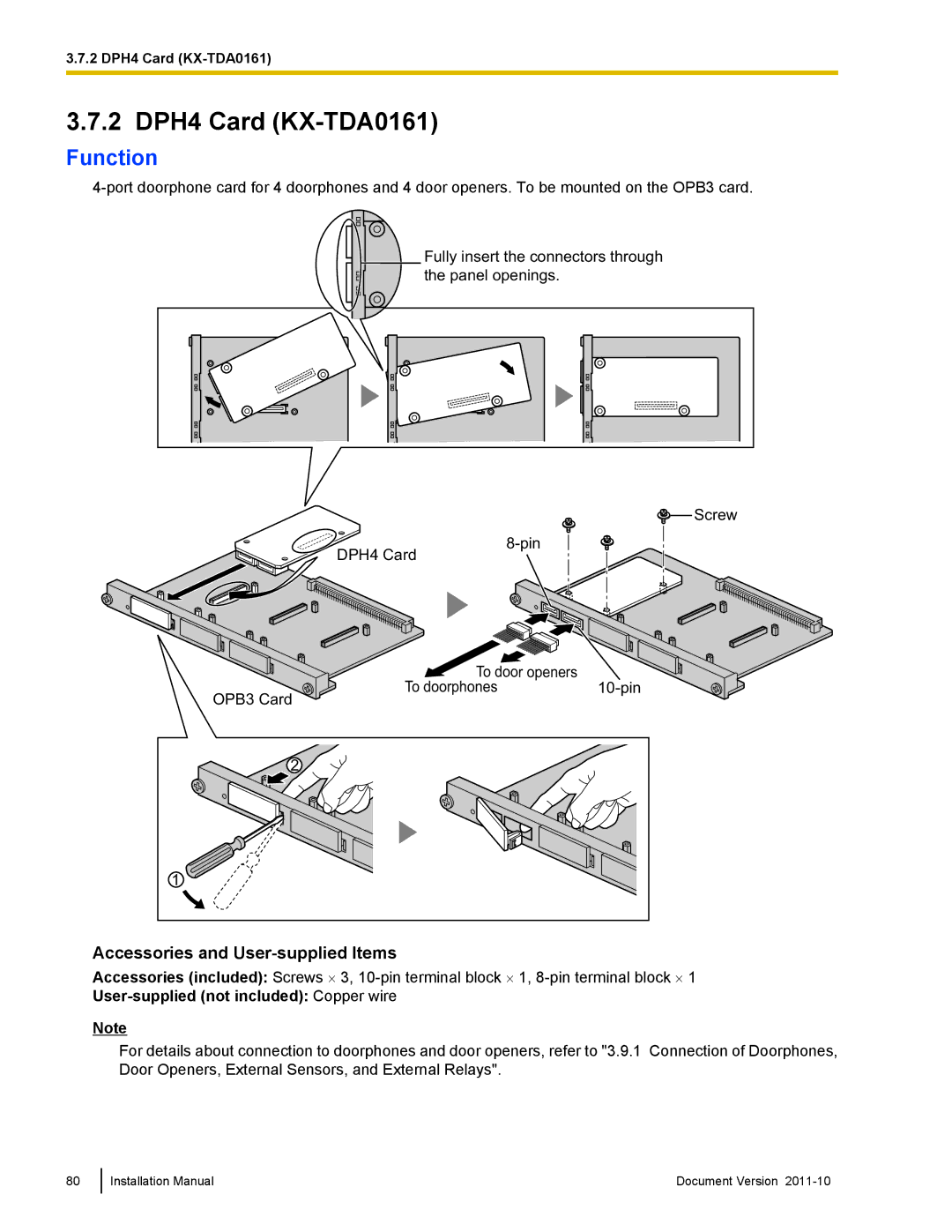 Panasonic KX-NCP500, KX-NCP1000 installation manual 2 DPH4 Card KX-TDA0161, User-supplied not included Copper wire 