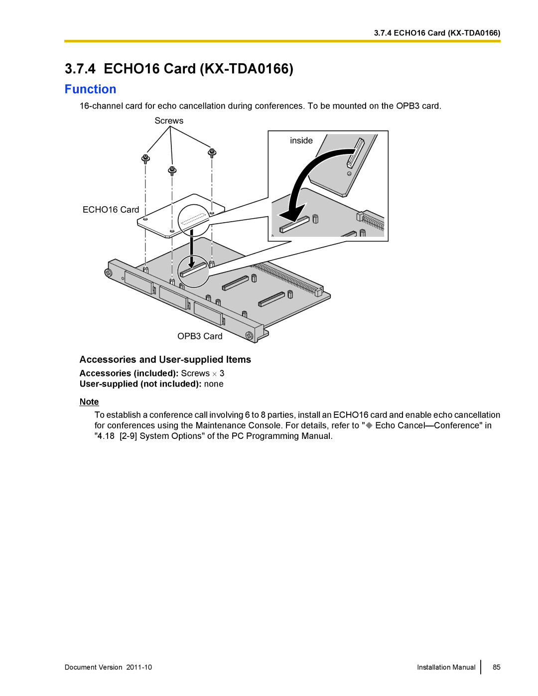 Panasonic KX-NCP1000, KX-NCP500 installation manual ECHO16 Card KX-TDA0166, Function 