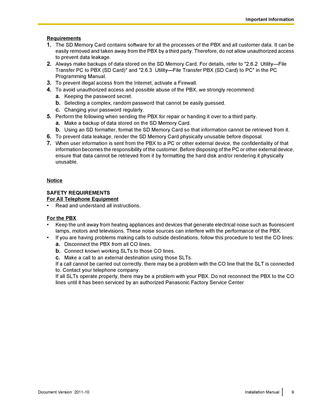 Panasonic KX-NCP1000, KX-NCP500 installation manual Safety Requirements 