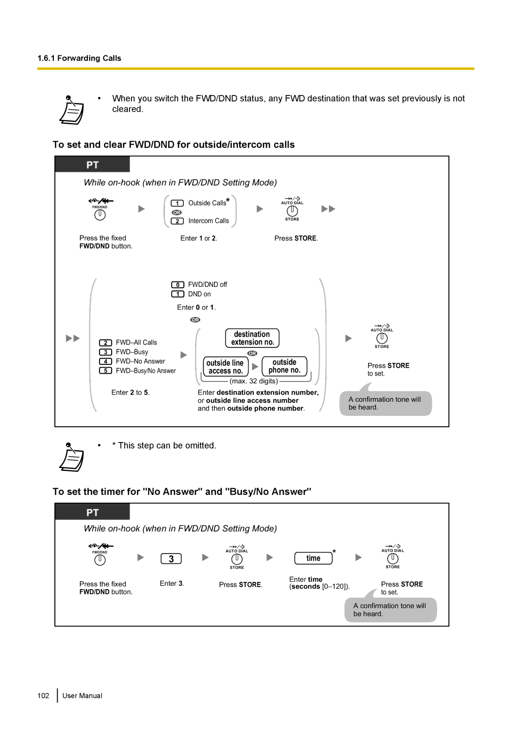 Panasonic KX-NCP500 To set and clear FWD/DND for outside/intercom calls, To set the timer for No Answer and Busy/No Answer 