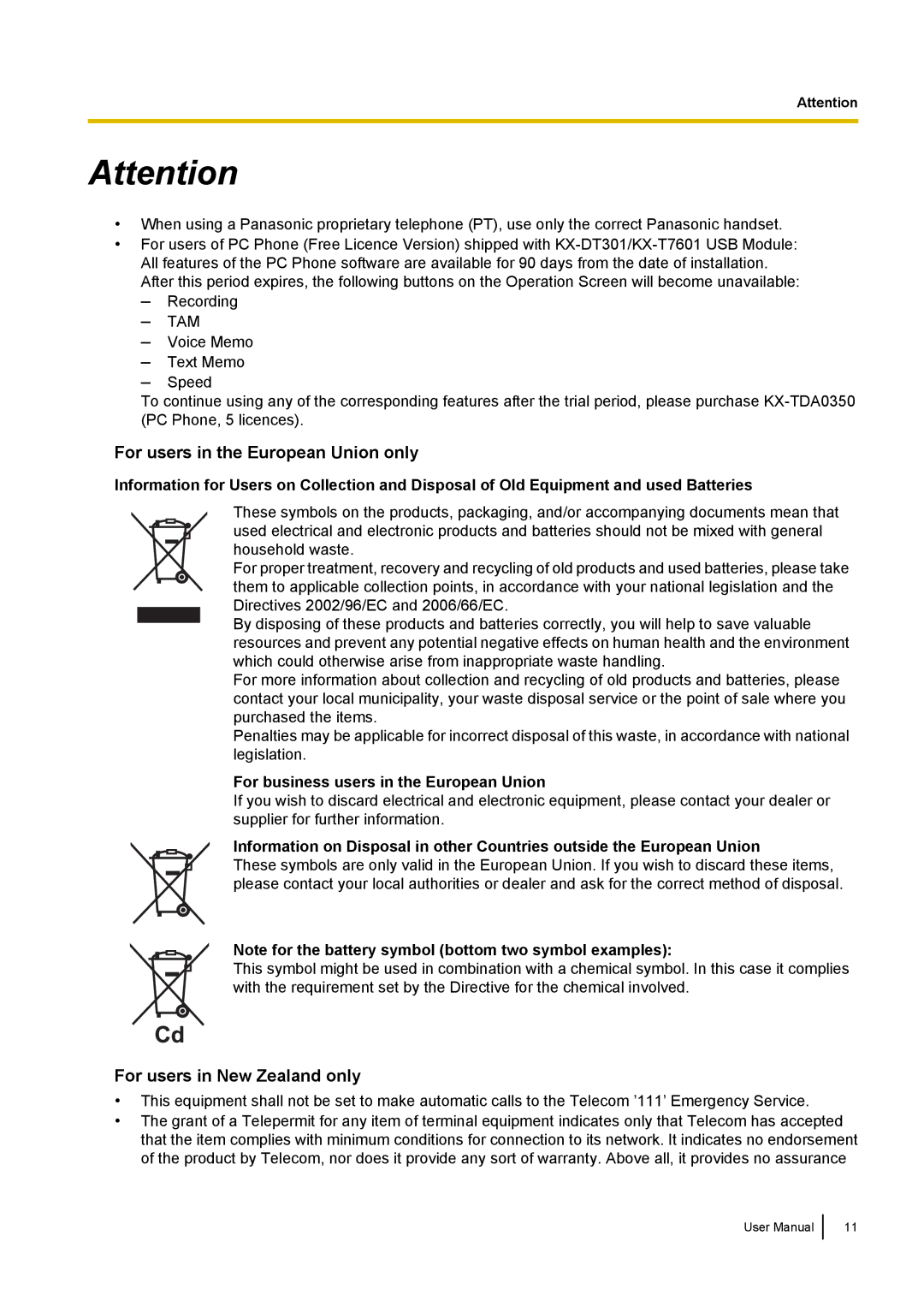 Panasonic KX-NCP500 manual For users in the European Union only, For users in New Zealand only 