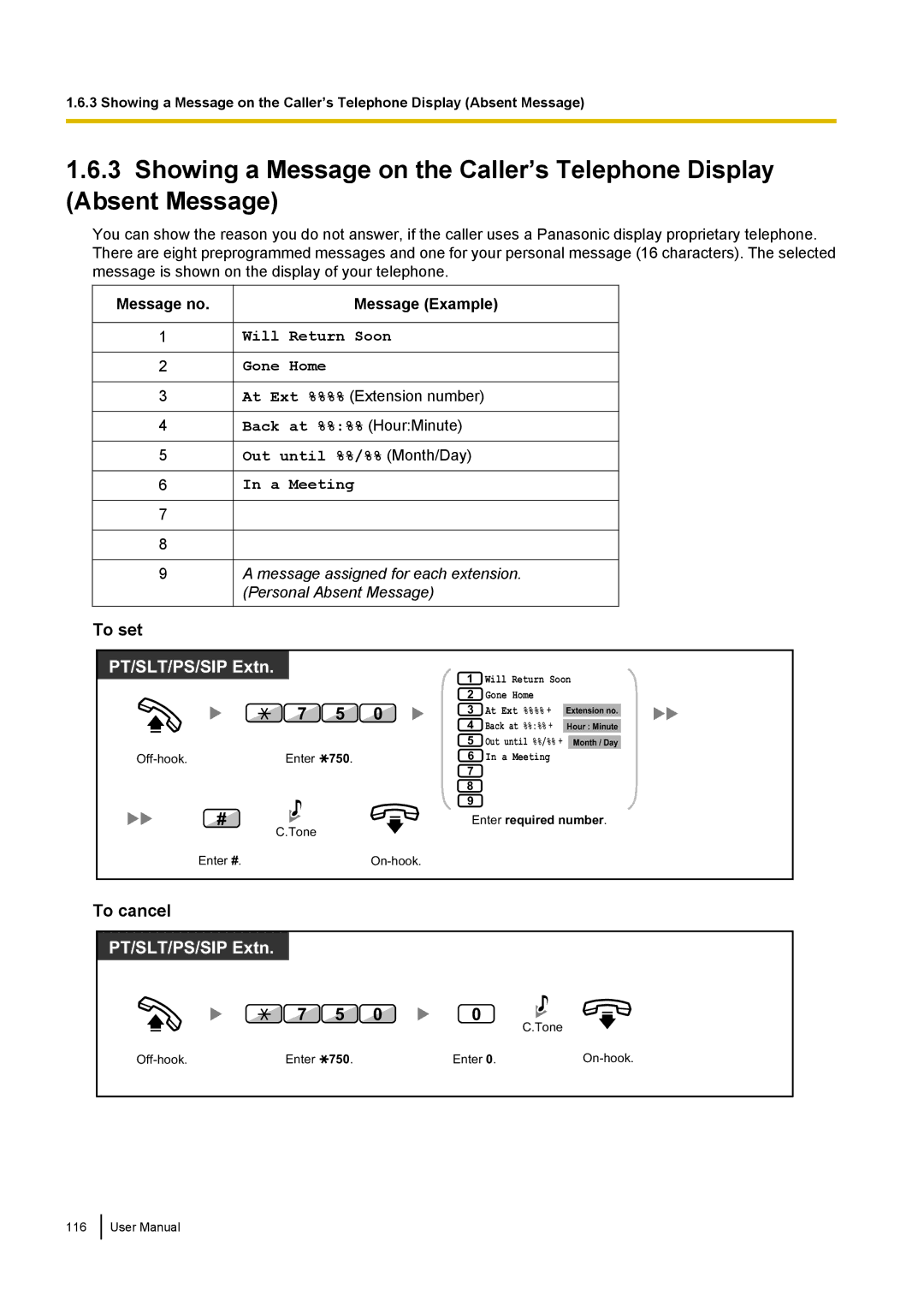 Panasonic KX-NCP500 manual To set, Message no Message Example 