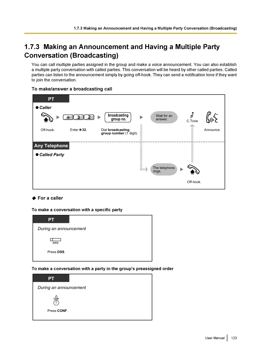 Panasonic KX-NCP500 manual To make/answer a broadcasting call, For a caller, Caller, Called Party 