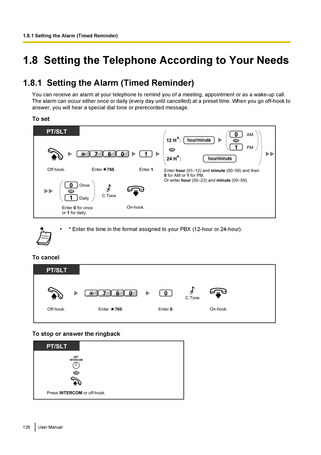 Panasonic KX-NCP500 manual Setting the Telephone According to Your Needs, Setting the Alarm Timed Reminder, Hour/minute 