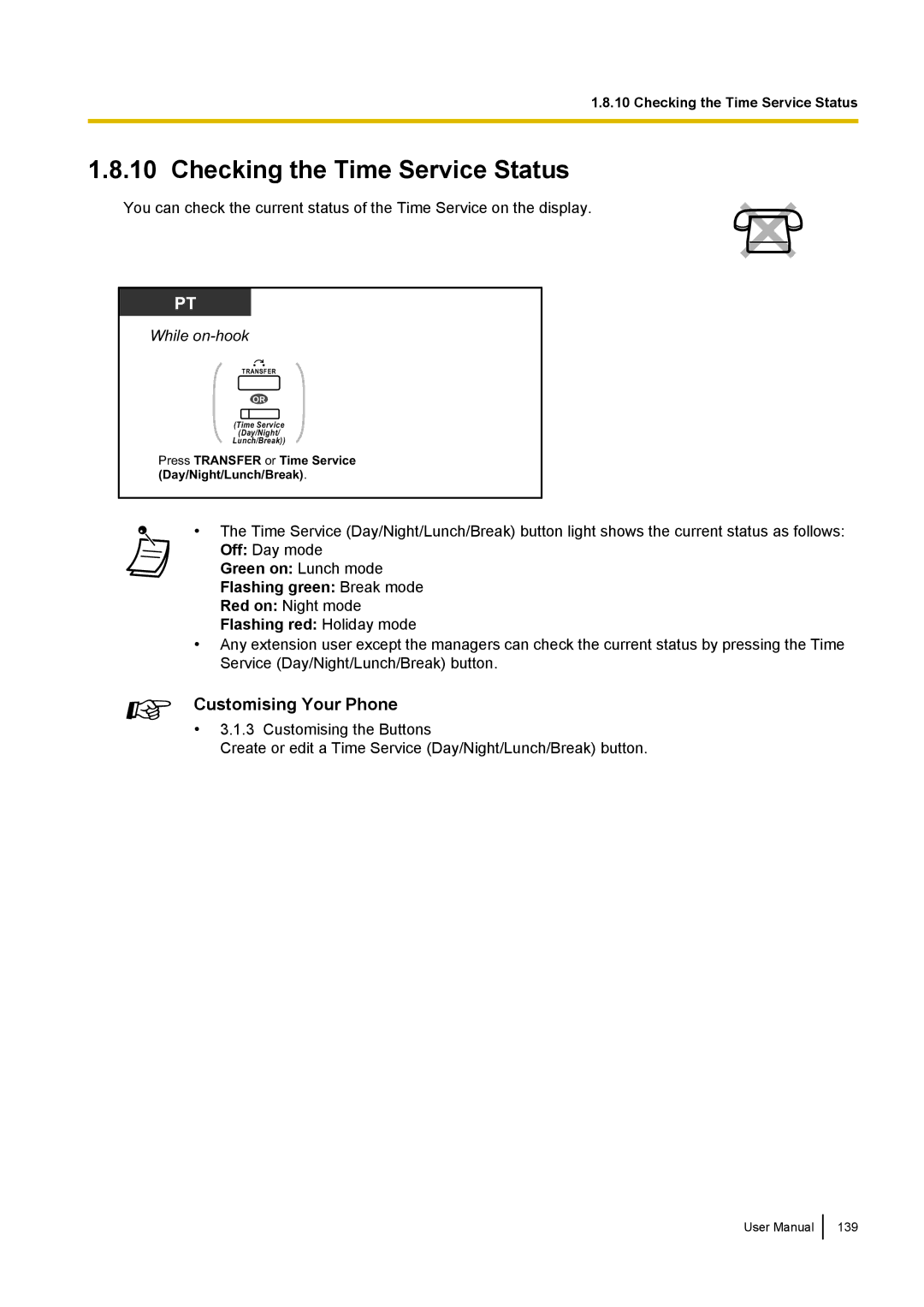 Panasonic KX-NCP500 manual Checking the Time Service Status, Green on Lunch mode Flashing green Break mode 