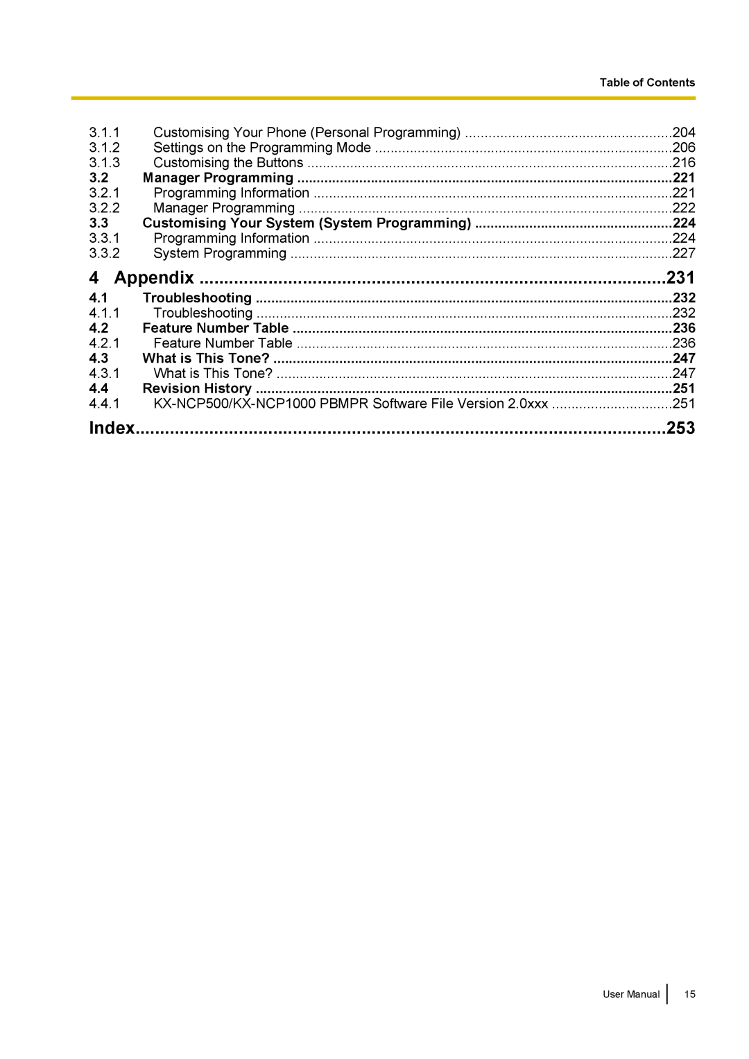 Panasonic KX-NCP500 manual 221, 224, 232, 236, 247, 251 