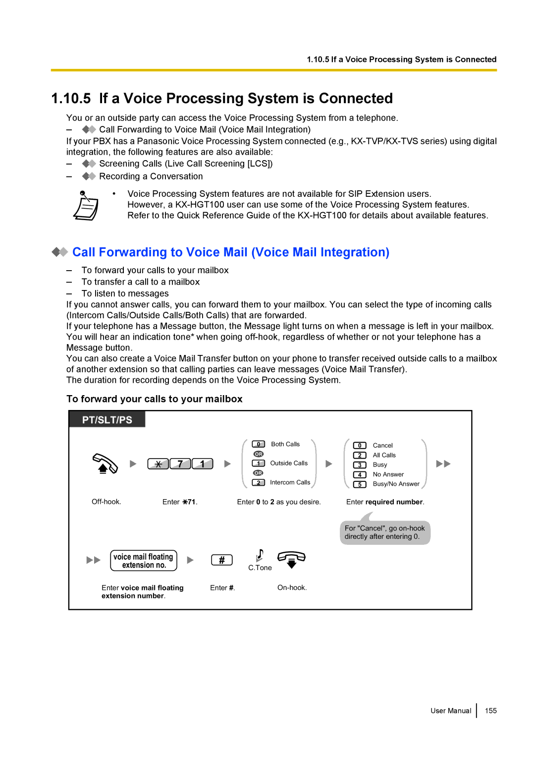 Panasonic KX-NCP500 manual If a Voice Processing System is Connected, Call Forwarding to Voice Mail Voice Mail Integration 