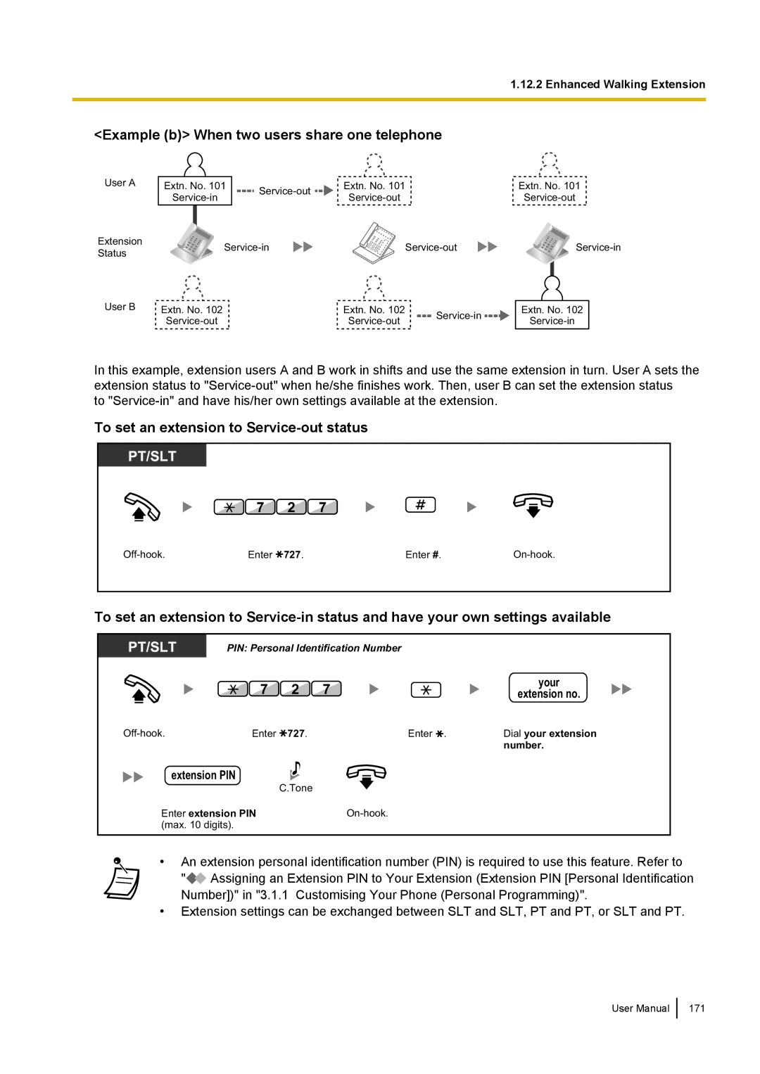 Panasonic KX-NCP500 manual Example b When two users share one telephone, To set an extension to Service-out status 