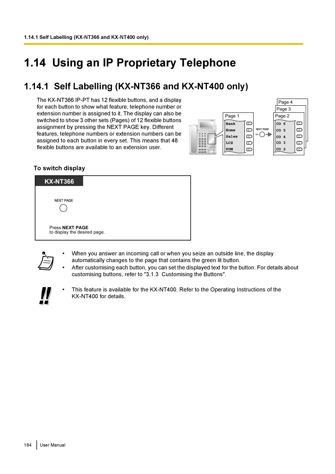 Panasonic KX-NCP500 manual Using an IP Proprietary Telephone, Self Labelling KX-NT366 and KX-NT400 only, To switch display 