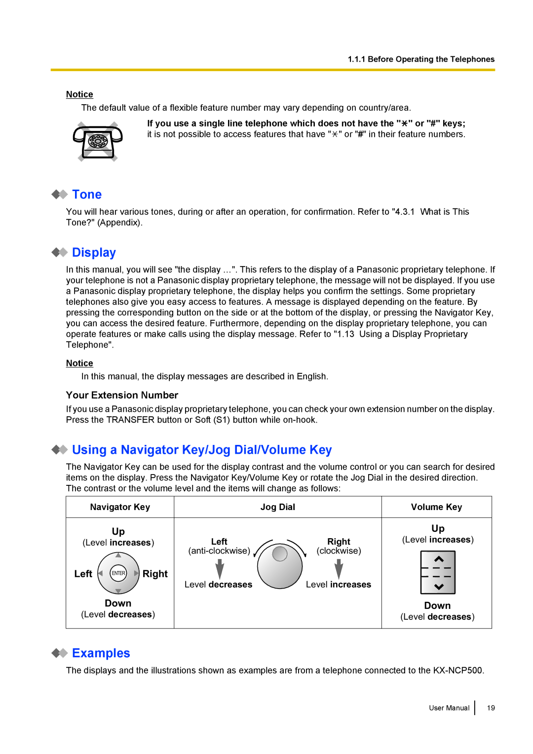 Panasonic KX-NCP500 manual Tone, Display, Using a Navigator Key/Jog Dial/Volume Key, Examples 