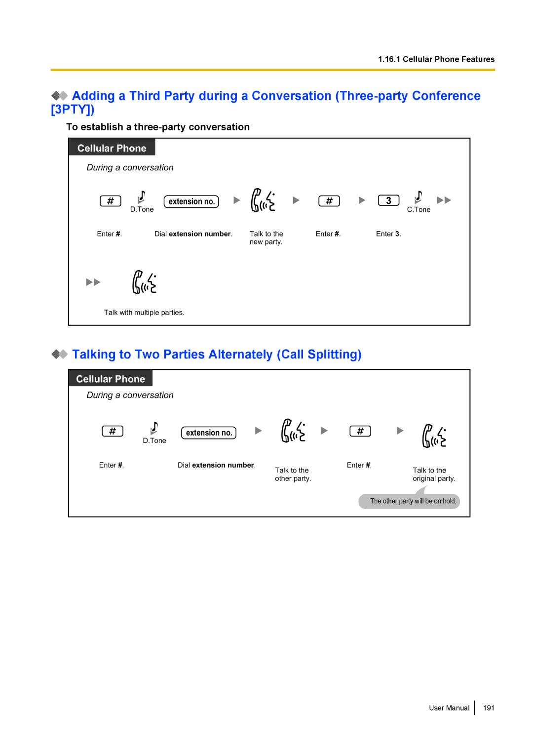 Panasonic KX-NCP500 manual Talking to Two Parties Alternately Call Splitting, To establish a three-party conversation 