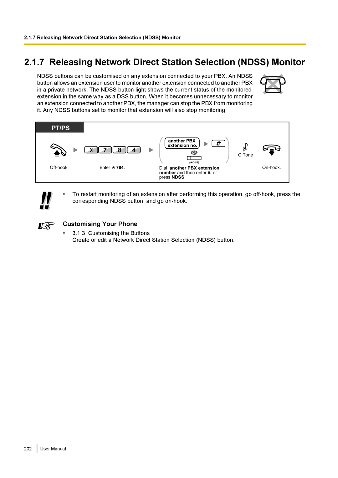 Panasonic KX-NCP500 manual Releasing Network Direct Station Selection Ndss Monitor, Customising Your Phone 