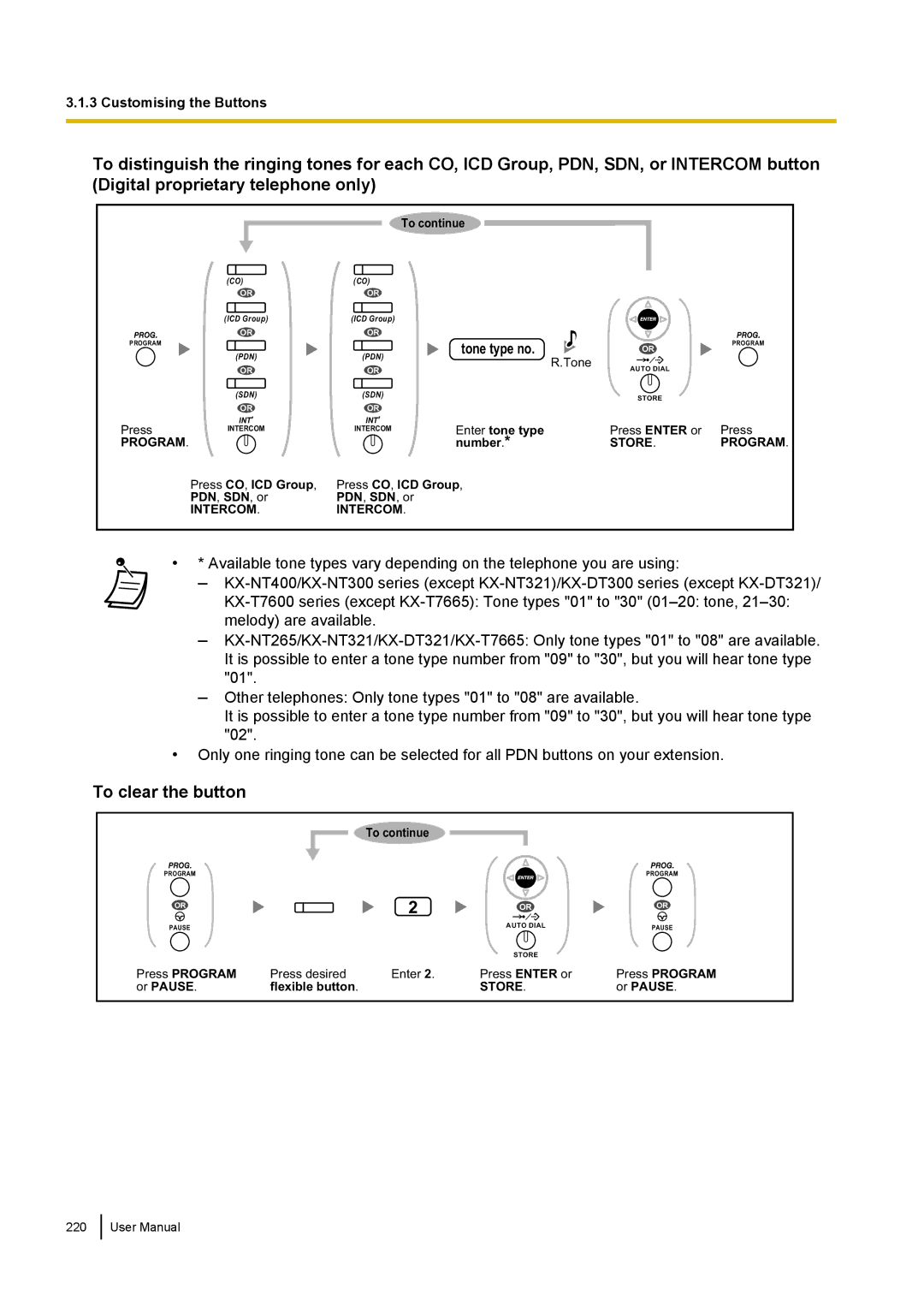 Panasonic KX-NCP500 manual To clear the button, Tone type no 