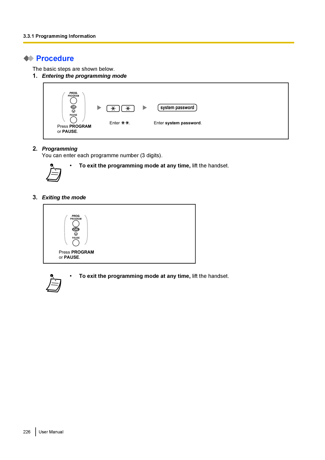 Panasonic KX-NCP500 manual Procedure, Entering the programming mode, Programming, Exiting the mode 