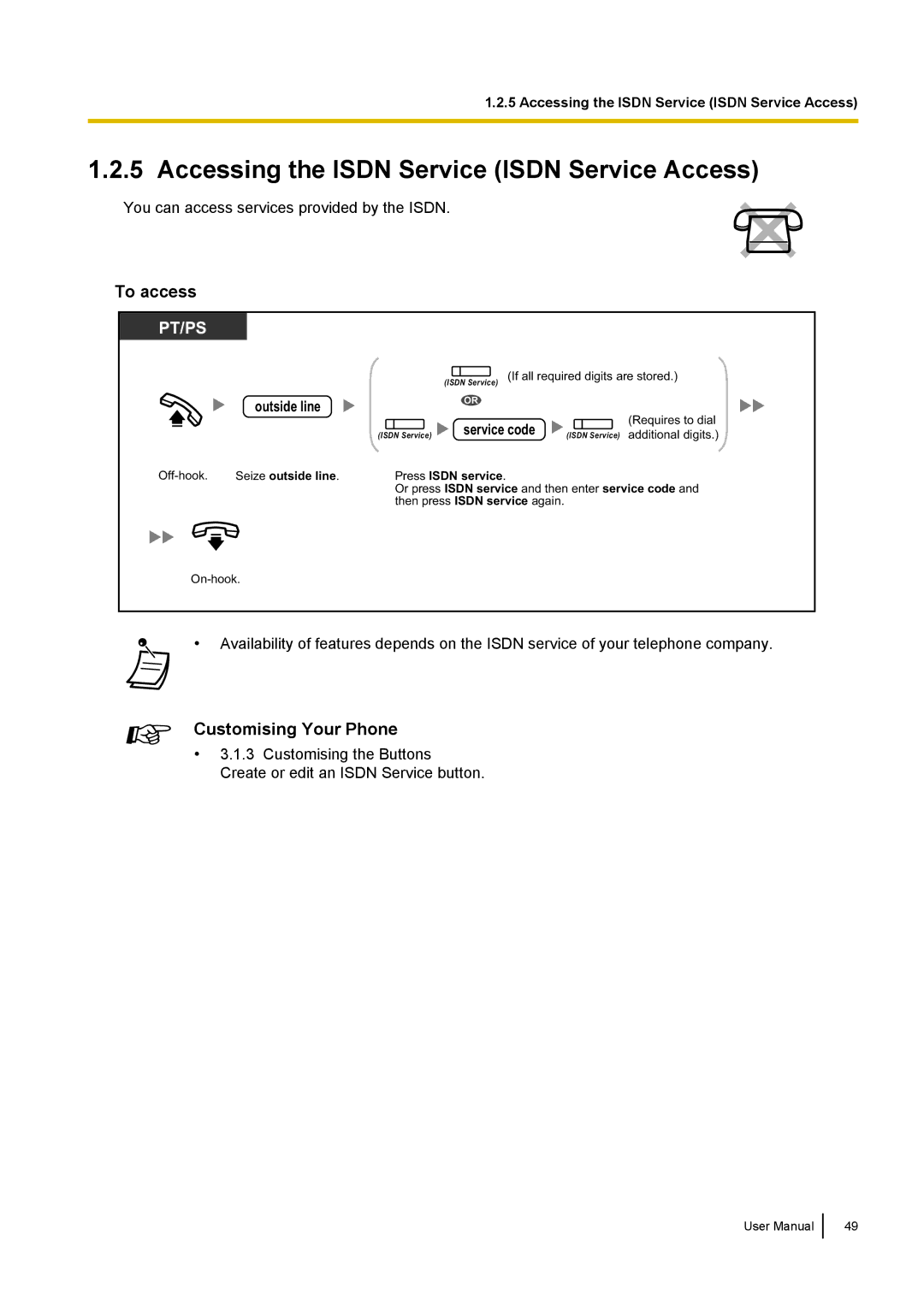 Panasonic KX-NCP500 manual Accessing the Isdn Service Isdn Service Access, To access, Outside line, Service code 