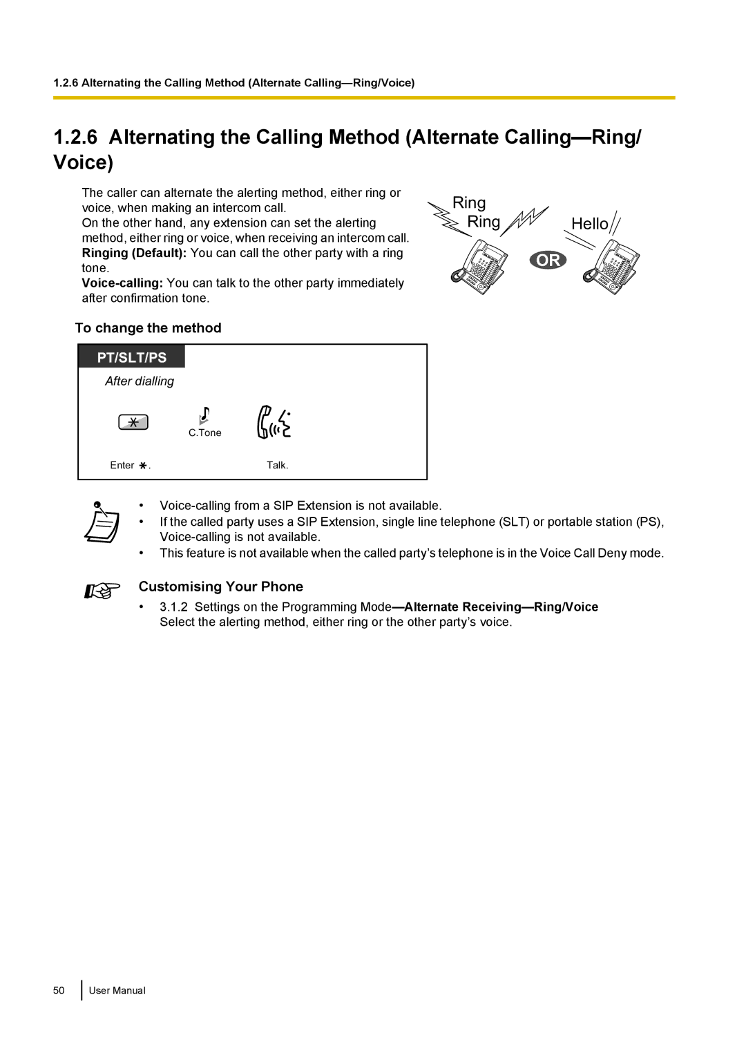 Panasonic KX-NCP500 manual Alternating the Calling Method Alternate Calling-Ring/ Voice, To change the method 