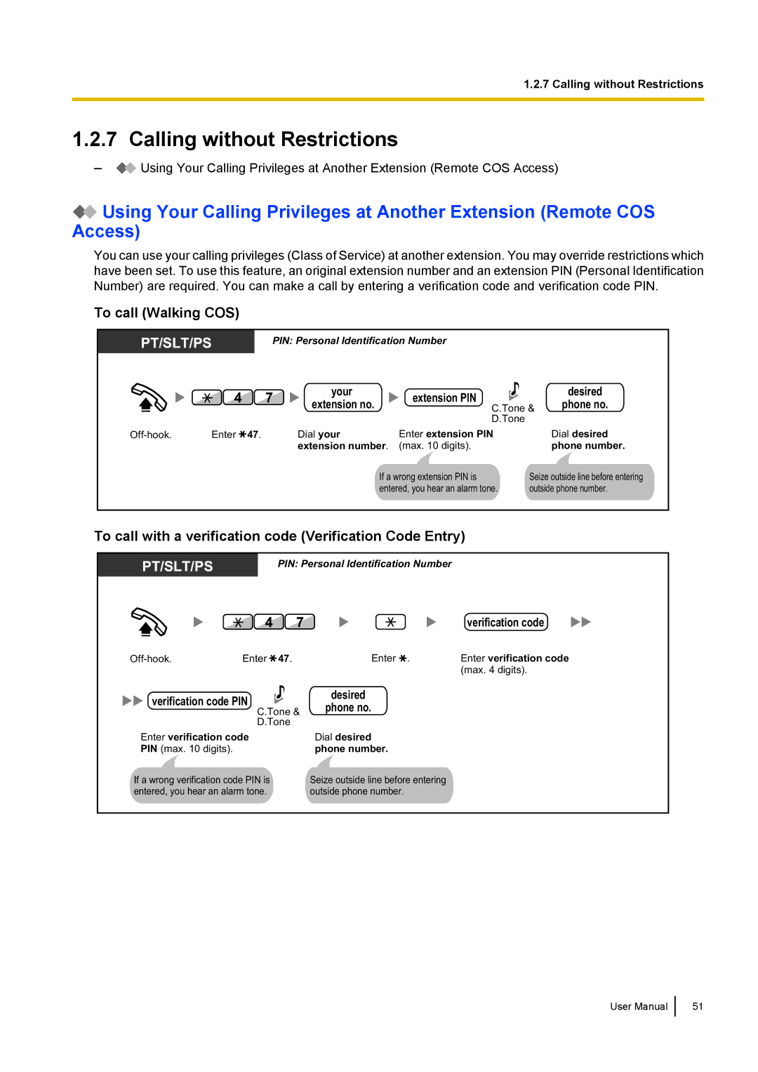 Panasonic KX-NCP500 manual Calling without Restrictions, To call Walking COS, Extension PIN, Verification code 