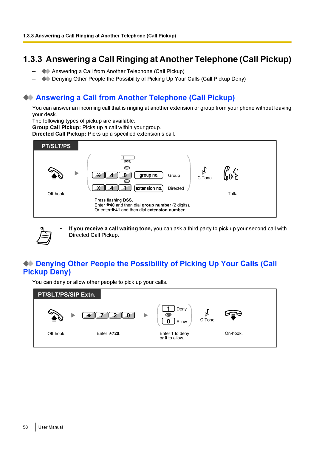 Panasonic KX-NCP500 manual Answering a Call Ringing at Another Telephone Call Pickup 