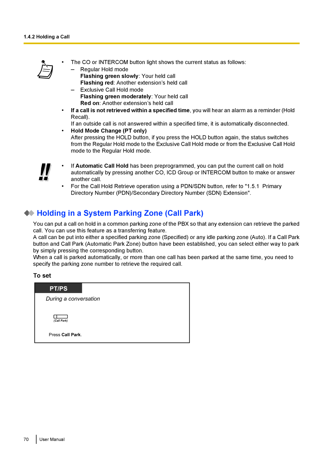 Panasonic KX-NCP500 manual Holding in a System Parking Zone Call Park, To set, Flashing green slowly Your held call 