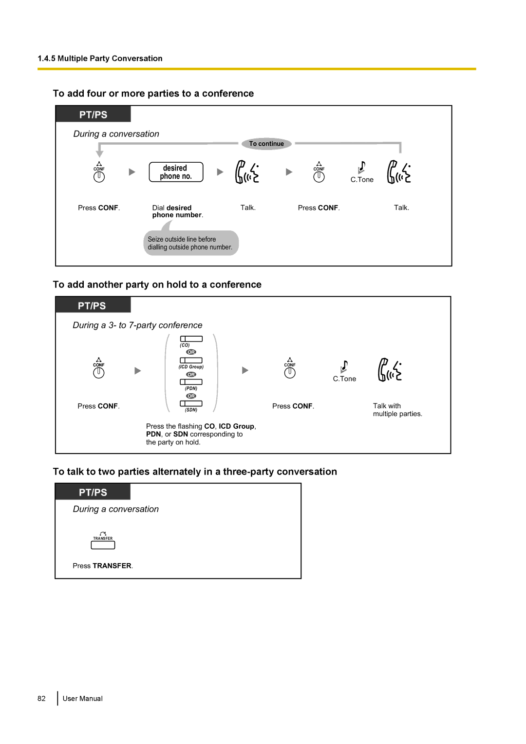 Panasonic KX-NCP500 manual To add four or more parties to a conference, To add another party on hold to a conference 