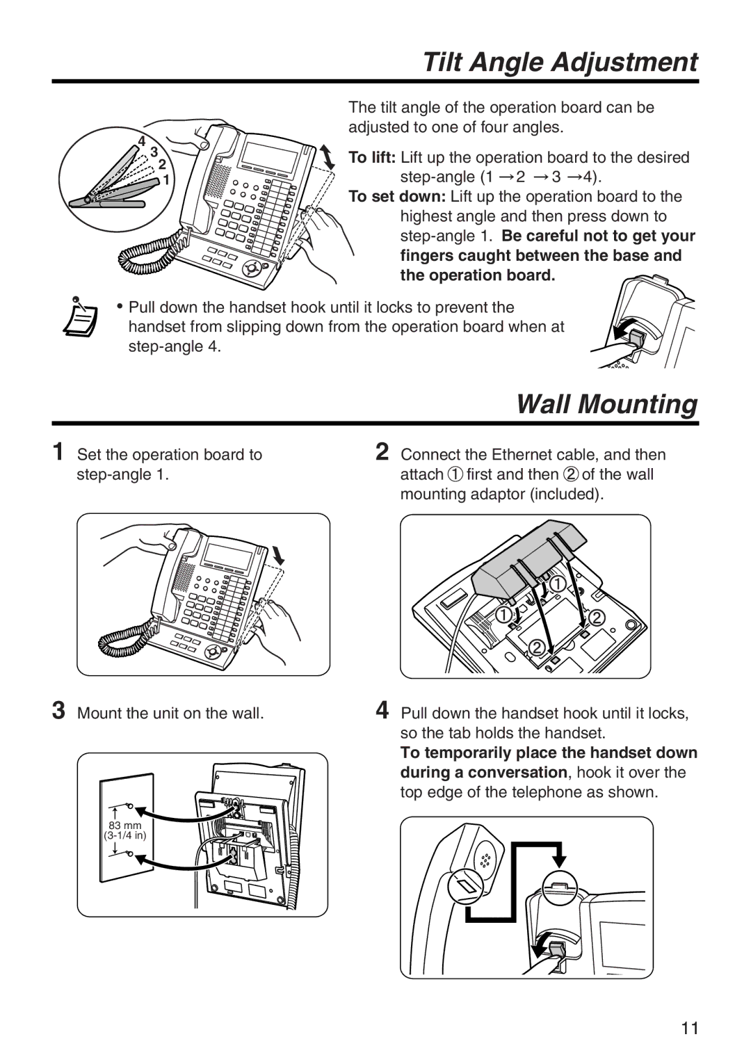 Panasonic KX-NT136 manual Tilt Angle Adjustment, Wall Mounting, Fingers caught between the base and the operation board 