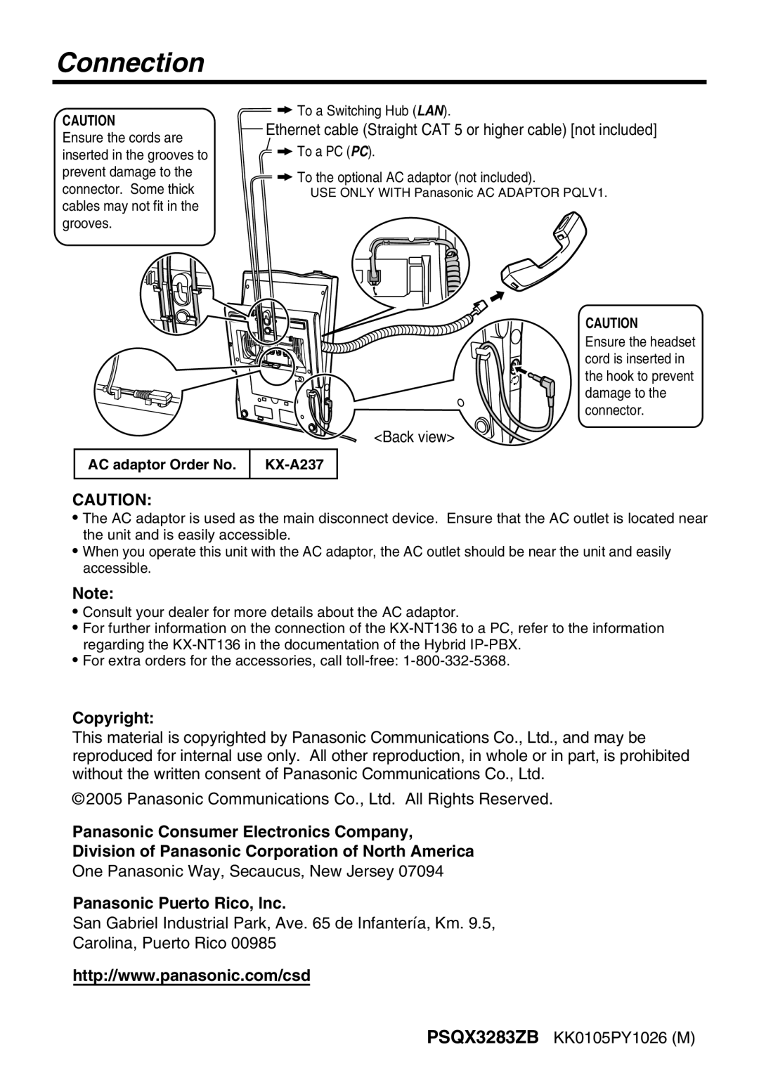 Panasonic KX-NT136 manual Connection, Panasonic Puerto Rico, lnc 