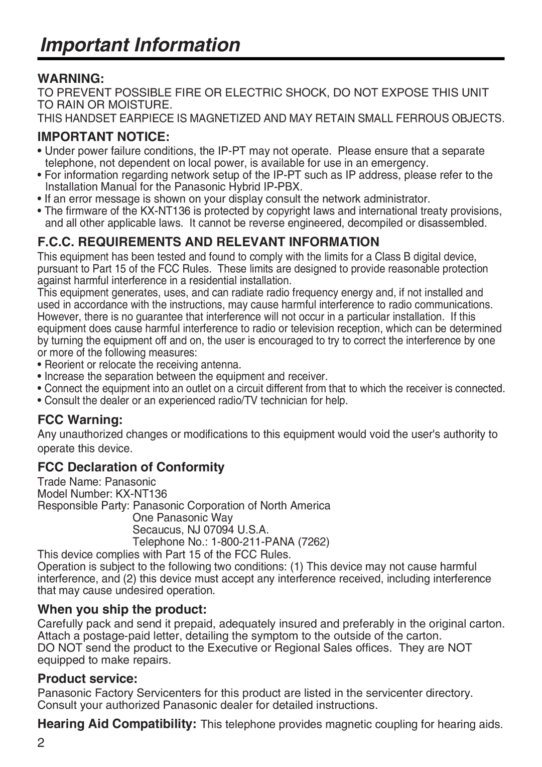 Panasonic KX-NT136 manual Important Notice 