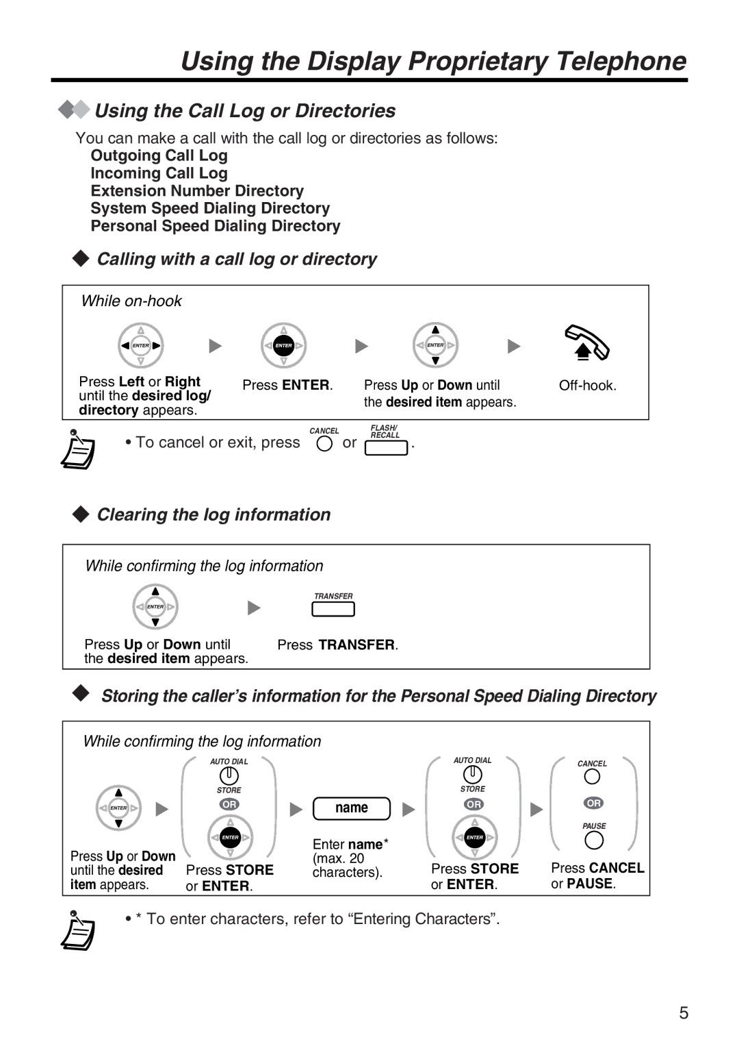 Panasonic KX-NT136 manual Using the Display Proprietary Telephone, Using the Call Log or Directories, Name 