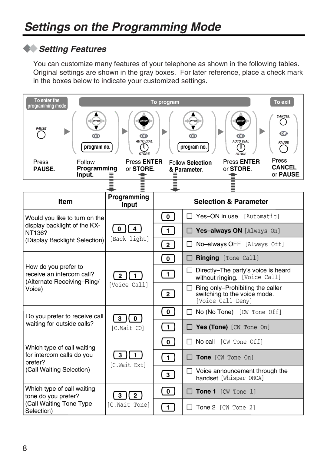 Panasonic KX-NT136 manual Settings on the Programming Mode, Setting Features, Selection & Parameter, Input 