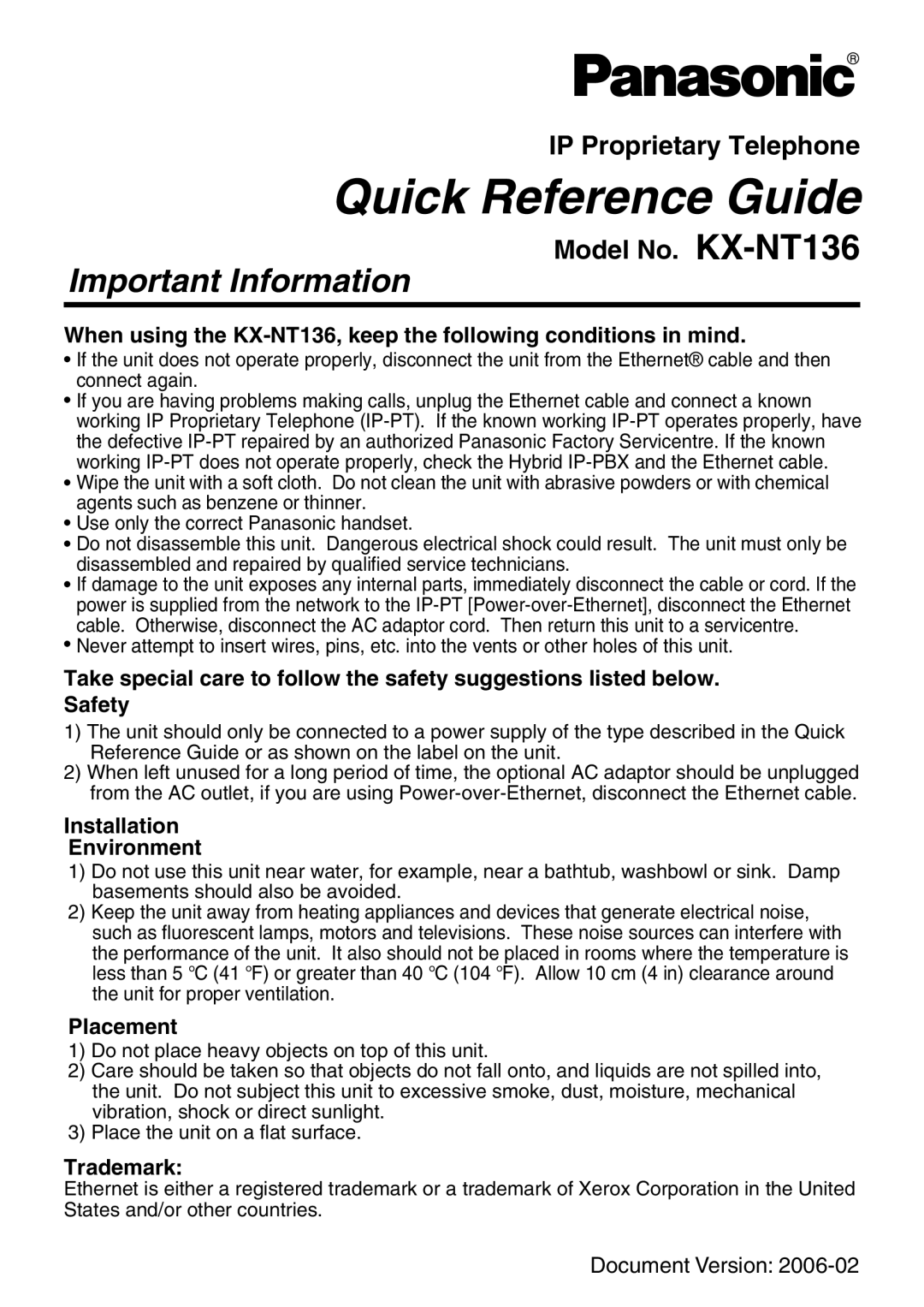 Panasonic manual Important Information, When using the KX-NT136, keep the following conditions in mind, Placement 