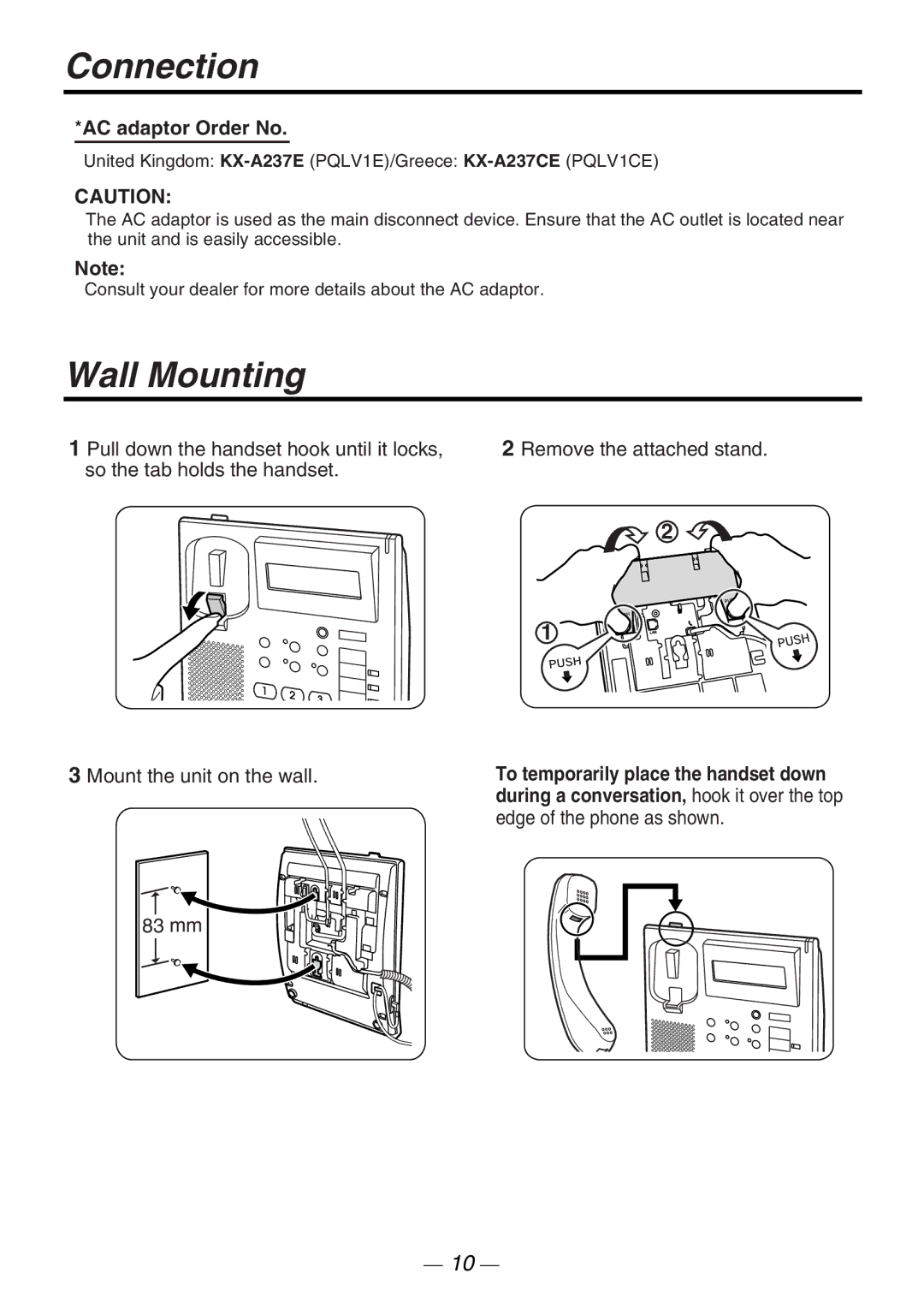 Panasonic KX-NT265 manual Wall Mounting, AC adaptor Order No, Mount the unit on the wall, 83 mm 