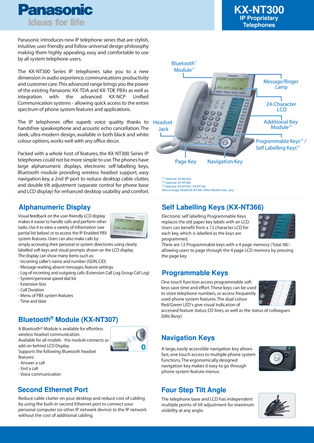 Panasonic KX-NT300 manual Alphanumeric Display, Bluetooth Module KX-NT307, Self Labelling Keys KX-NT366, Programmable Keys 