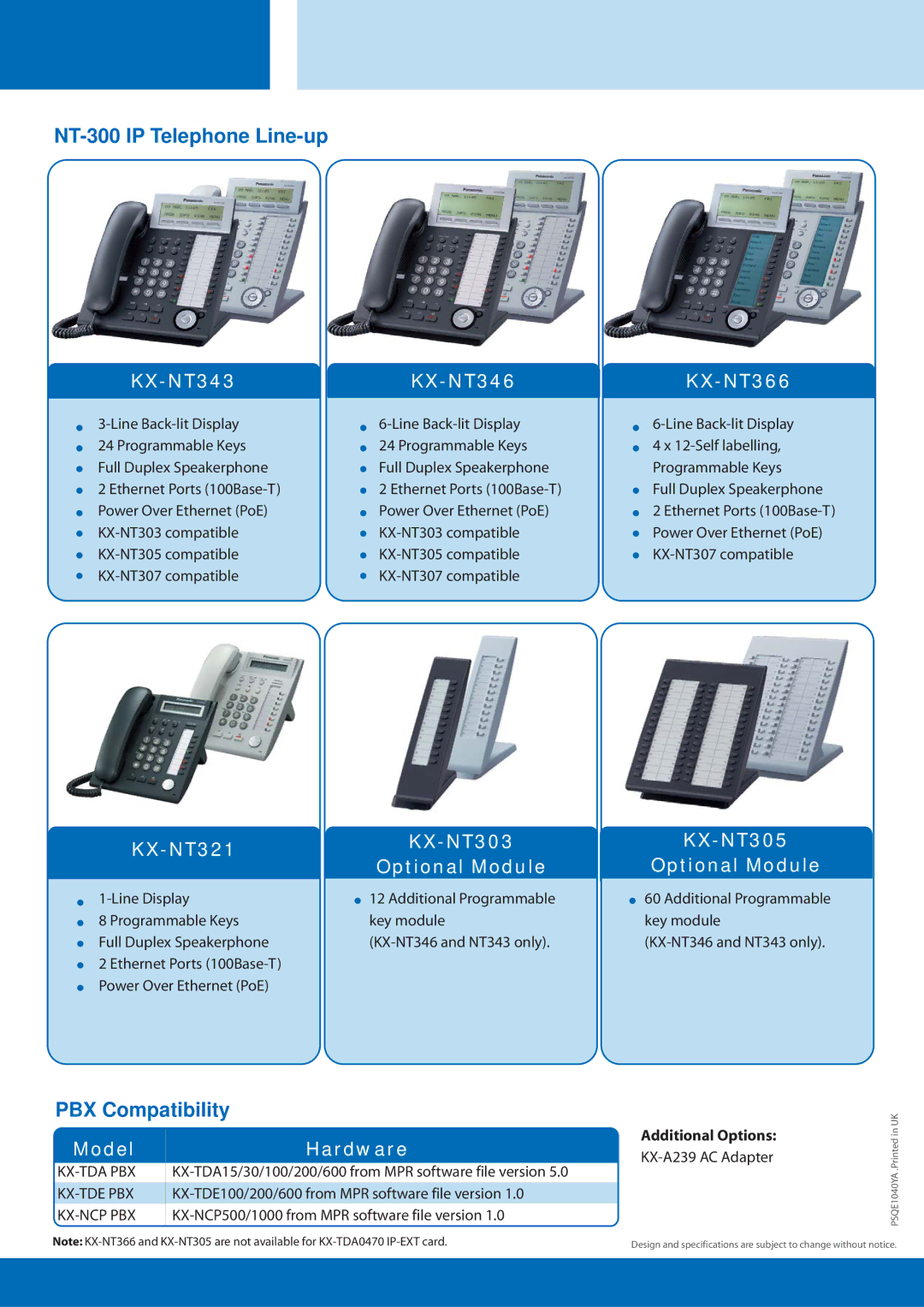 Panasonic KX-NT300 manual NT-300 IP Telephone Line-up, PBX Compatibility 