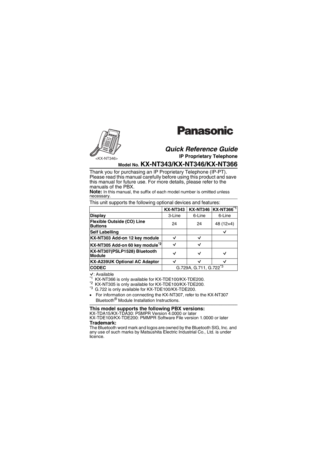 Panasonic KX-NT343/KX-NT346/KX-NT366 installation instructions IP Proprietary Telephone, Trademark 