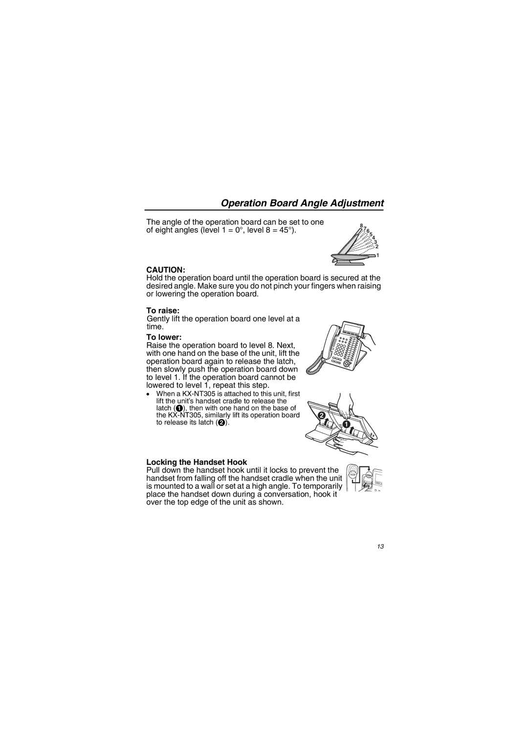 Panasonic KX-NT343/KX-NT346/KX-NT366 Operation Board Angle Adjustment, To raise, To lower, Locking the Handset Hook 