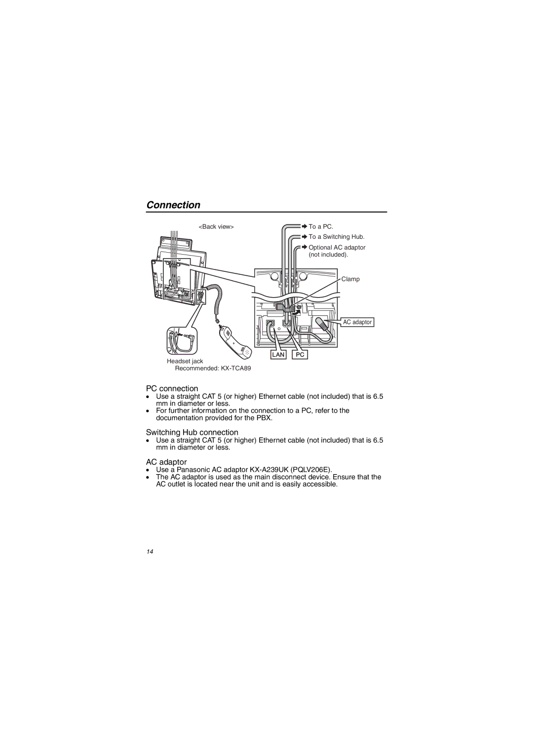 Panasonic KX-NT343/KX-NT346/KX-NT366 installation instructions Connection, PC connection 