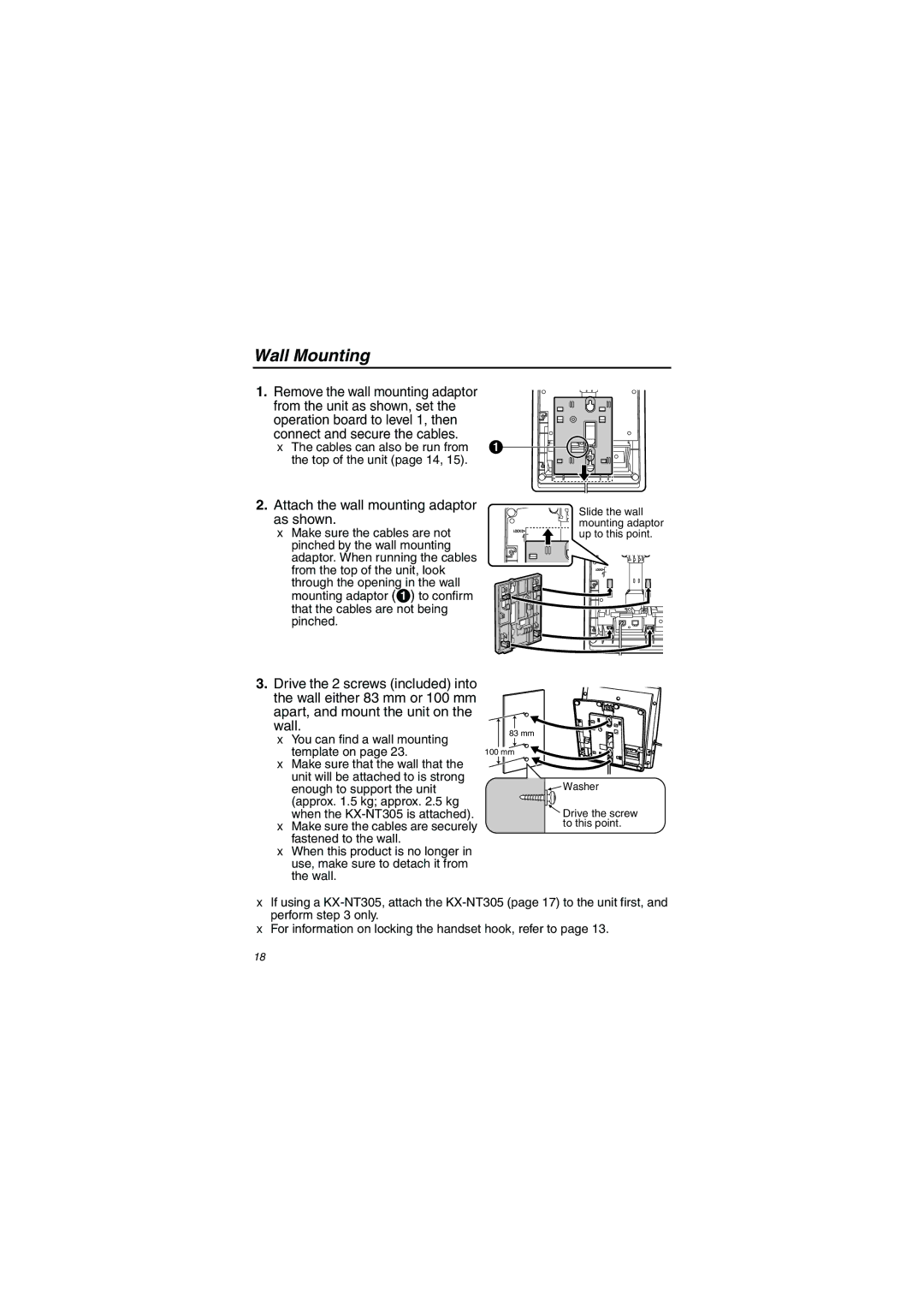 Panasonic KX-NT343/KX-NT346/KX-NT366 installation instructions Wall Mounting, Attach the wall mounting adaptor as shown 