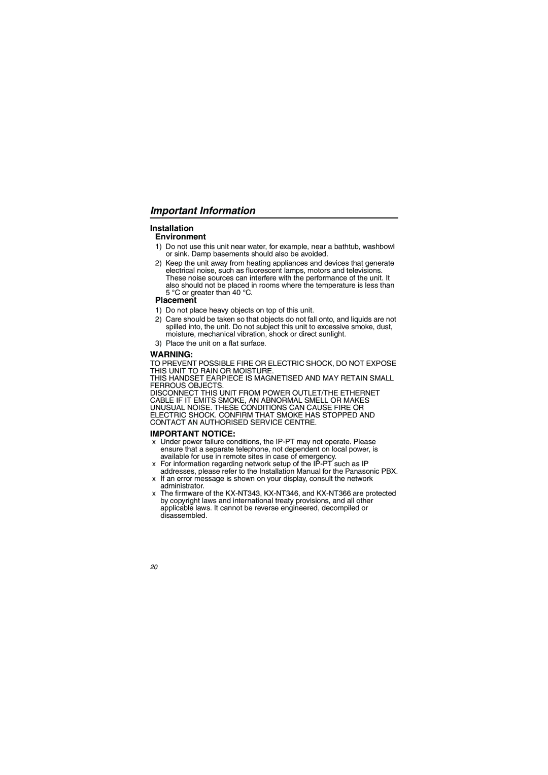 Panasonic KX-NT343/KX-NT346/KX-NT366 installation instructions Installation Environment, Placement 