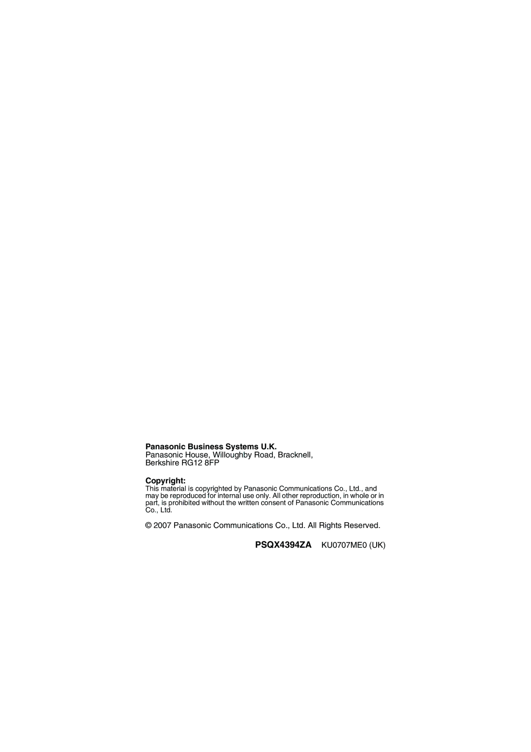 Panasonic KX-NT343/KX-NT346/KX-NT366 installation instructions Panasonic Business Systems U.K, Copyright 