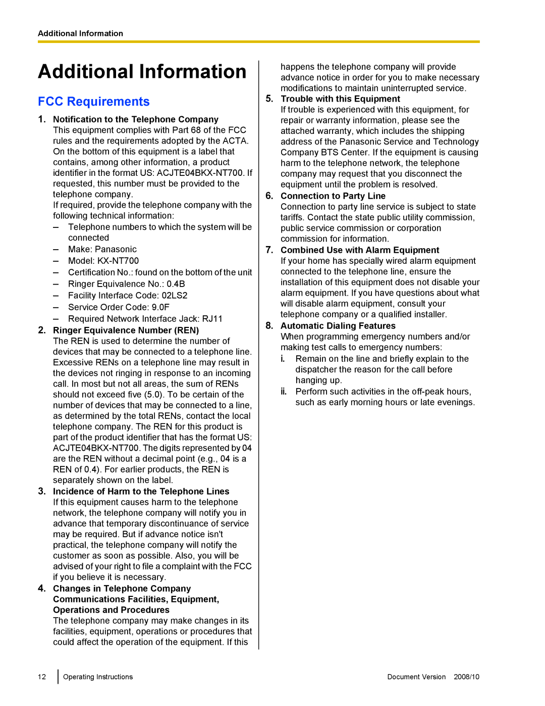 Panasonic KX-NT700 operating instructions FCC Requirements 