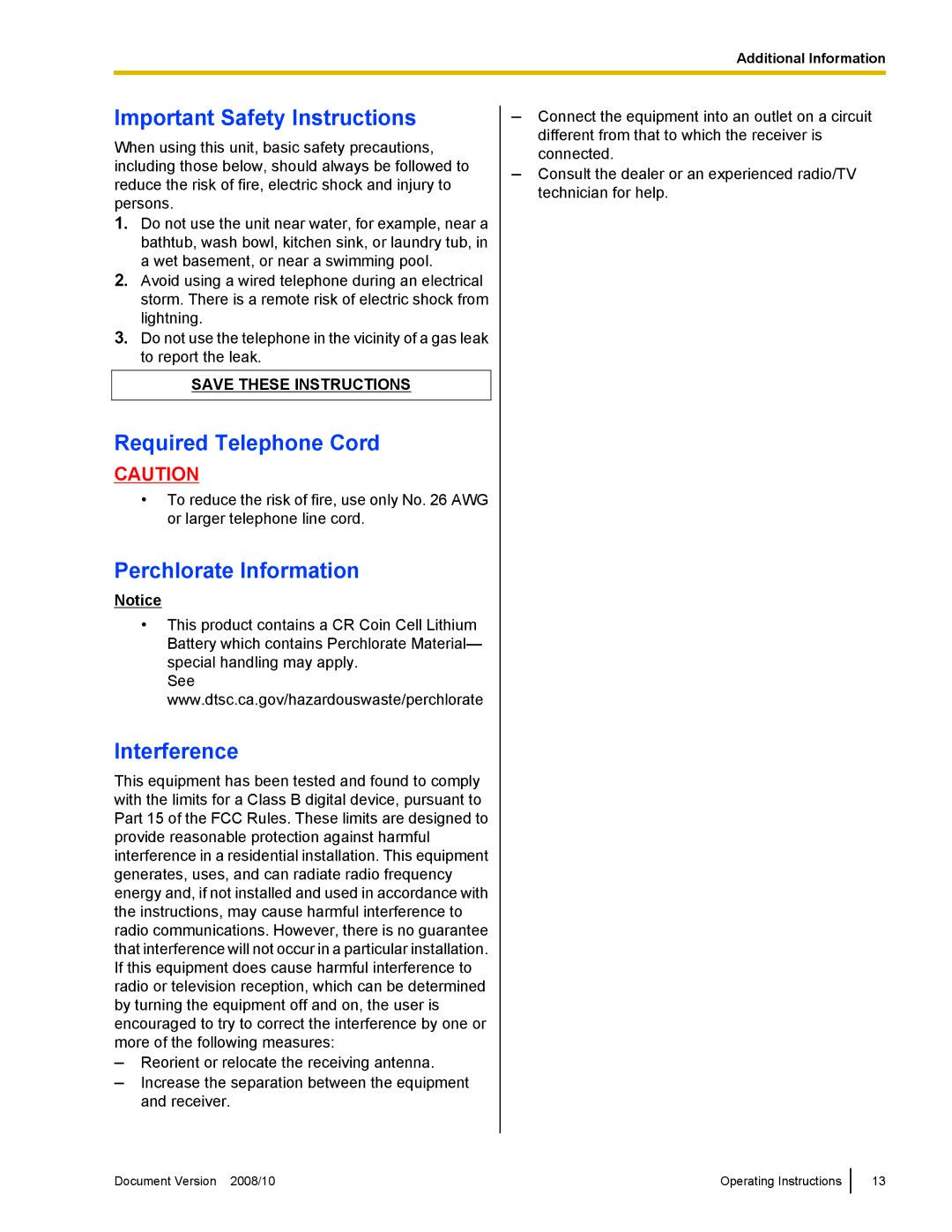 Panasonic KX-NT700 Important Safety Instructions, Required Telephone Cord, Perchlorate Information, Interference 