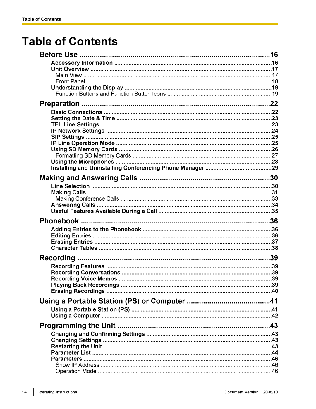 Panasonic KX-NT700 operating instructions Table of Contents 