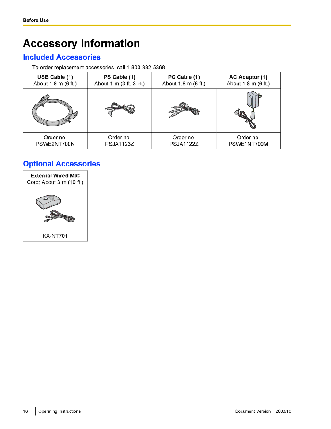 Panasonic KX-NT700 operating instructions Accessory Information, Included Accessories, Optional Accessories 