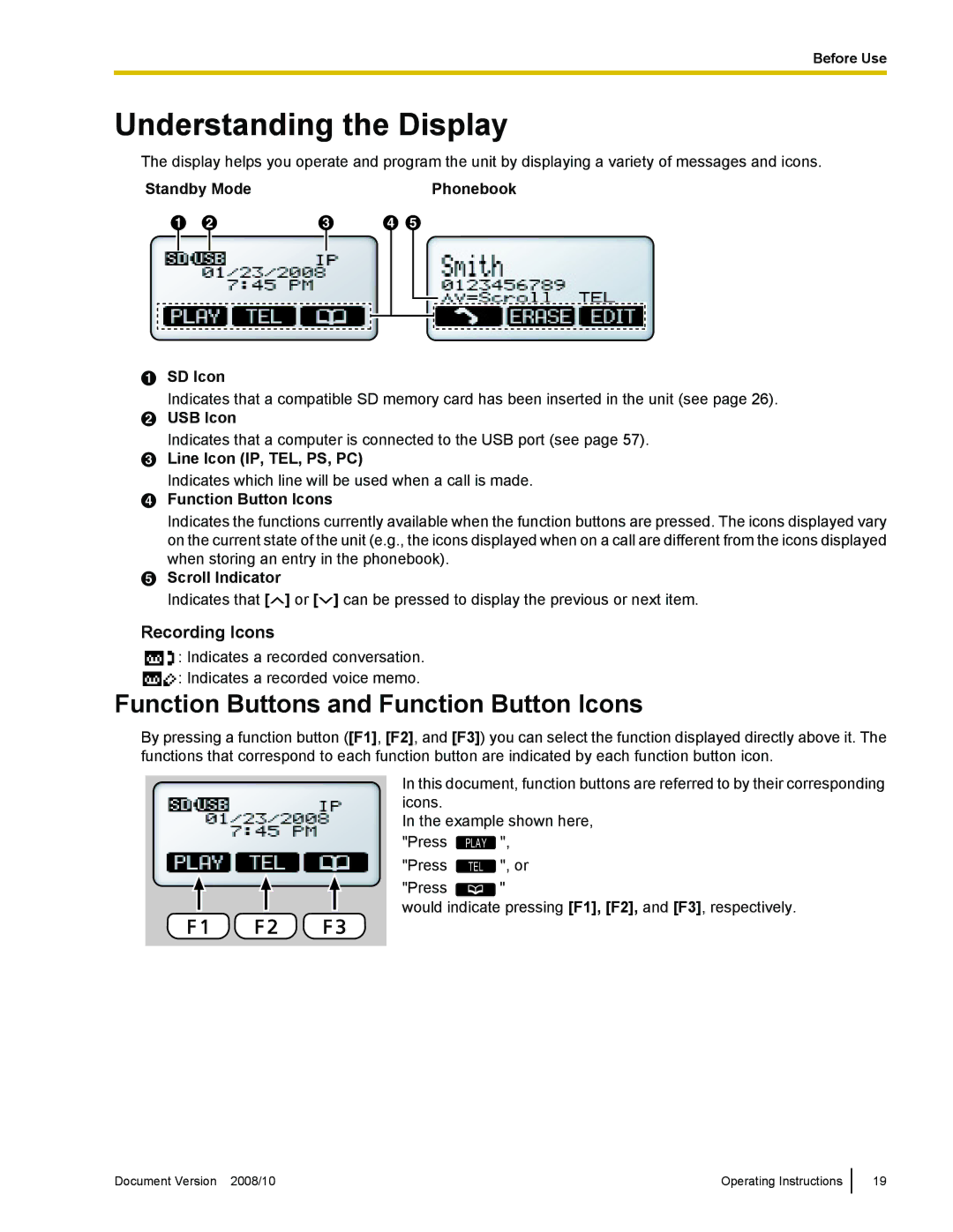 Panasonic KX-NT700 operating instructions Understanding the Display, Function Buttons and Function Button Icons 